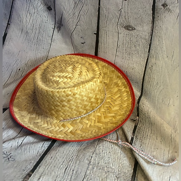 Vintage Kids Western Straw Cowboy Hat Made in Mexico 90s Costume Red Trim String - Picture 1 of 7
